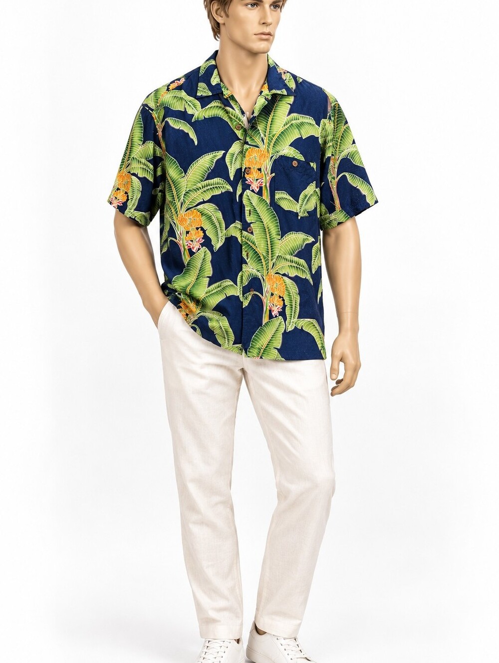 Men's Navy Green Tropical Print Short-Sleeve Shirt Vacation Cruise Tropical Larg